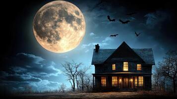 full moon illuminates haunted house, creating eerie atmosphere photo