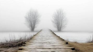 misty path leads to two trees, creating serene atmosphere photo