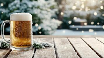 Frosty beer mug on wooden table with condensation and snowy background photo