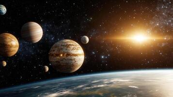 stunning view of solar system with glowing planets and bright sun photo