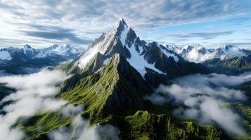 Majestic mountain range with jagged peaks and lush green valleys, shrouded in mist photo