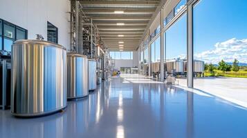 panoramic view of modern factory interior with large storage tanks photo