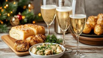 Delicious New Year brunch spread with sparkling drinks and festive food photo
