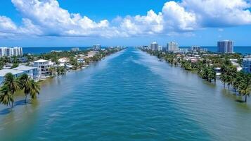 stunning aerial view of coastal waterway lined with palm trees and buildings photo