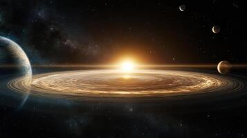 stunning panoramic view of solar system with planets and glowing sun photo
