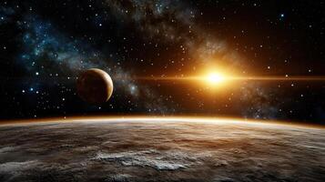 stunning view of distant planet with glowing sun and starry background photo
