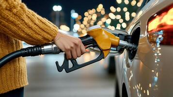 A woman is filling up her car with gas photo