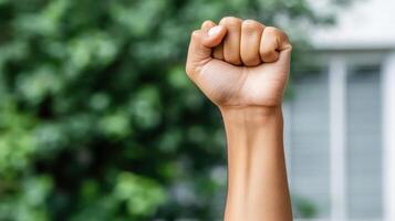 Raised fist symbolizing solidarity and empowerment in peaceful protest photo
