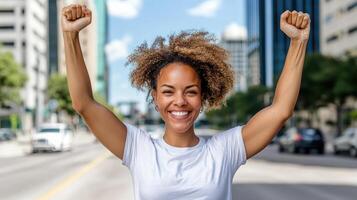 Empowered woman celebrating in urban setting with raised fists photo