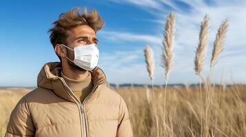 person wearing mask stands in field of tall grass, enjoying nature photo