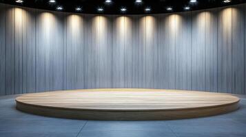 modern empty stage with wooden podium and soft lighting photo