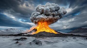 powerful volcanic eruption with lava and ash clouds, showcasing nature fury photo