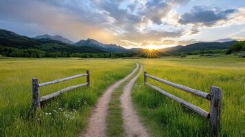 serene countryside landscape with sunset over mountains photo
