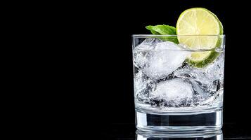 A glass of ice water with a lime wedge photo