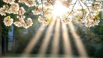beautiful cherry blossom tree with sunlight shining through branches photo