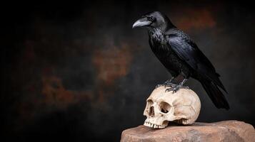 A raven sits on top of a skull photo