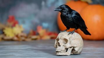 A crow sits on top of a skull photo