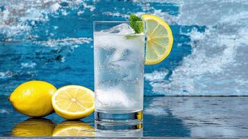 Refreshing soda with lemon and mint in tall glass photo