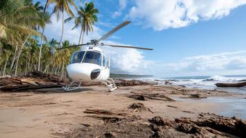 rescue helicopter on sandy beach surrounded by palm trees and ocean waves photo