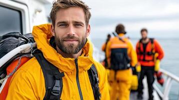 Rescue team member preparing for tsunami disaster response at sea photo