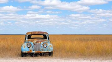rusted old car abandoned in field surrounded by tall grass and clouds photo