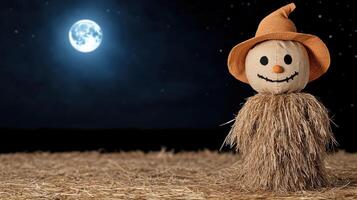 scarecrow stands in moonlit cornfield, creating spooky atmosphere photo