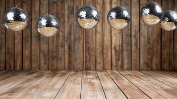 Disco balls hang from wooden ceiling, creating retro party vibe photo