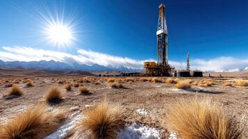 scenic view of gas field with drilling rigs under bright sun photo