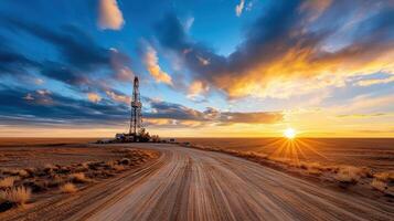 scenic view of gas field with drilling rig at sunset, showcasing nature beauty photo