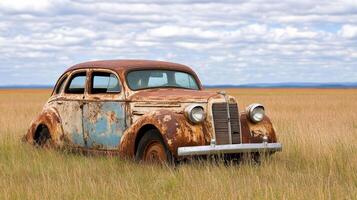 rusted old car abandoned in field surrounded by tall grass photo
