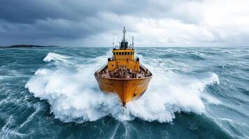 A yellow boat in the middle of a large ocean photo