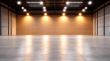 Empty warehouse with lights on the ceiling photo