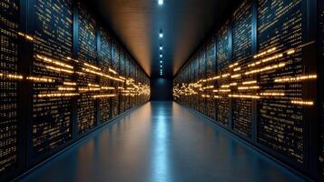 A long hallway with rows of data servers photo