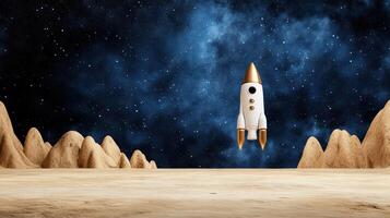 A rocket is flying over a desert with mountains in the background photo