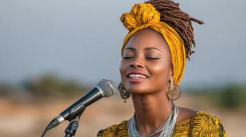 A woman with dreadlocks singing into a microphone photo
