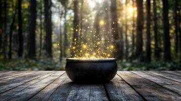 A black pot with glowing fire coming out of it photo