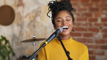 A woman singing into a microphone photo