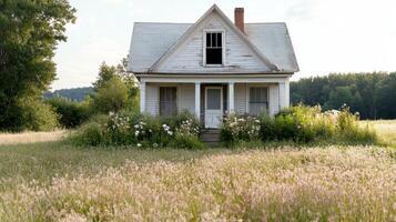 An old abandoned house in the middle of a field photo