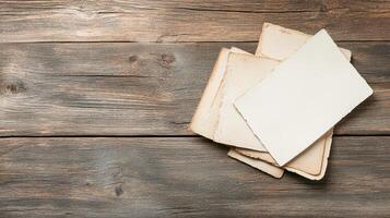 Old papers on a wooden table photo