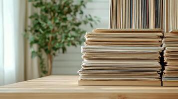 Stack of books on wooden table in front of window photo