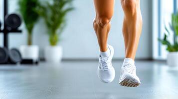 A person running in a gym with their legs up photo
