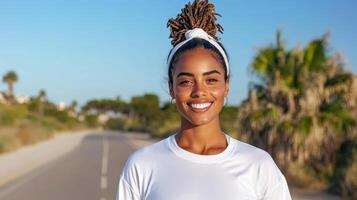 A woman is smiling while running on a road photo