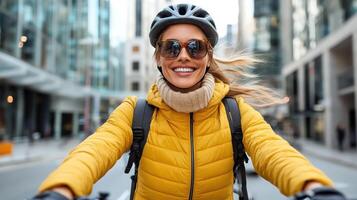 A woman in a yellow jacket and sunglasses riding a bike photo