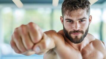 A man with a beard and a beard is pointing at the camera photo