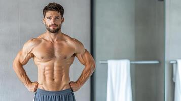 A man with a muscular body standing in front of a mirror photo