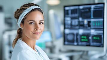 A woman in a white lab coat is looking at the camera photo
