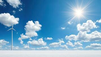 Wind turbines in the sky with clouds and sun photo