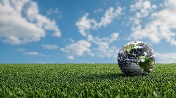 Earth globe on green grass with blue sky and clouds photo