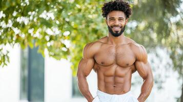 A man with a muscular body standing in front of trees photo