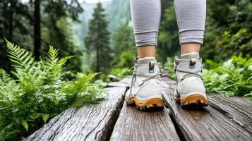A person wearing hiking shoes walking on a wooden bridge photo